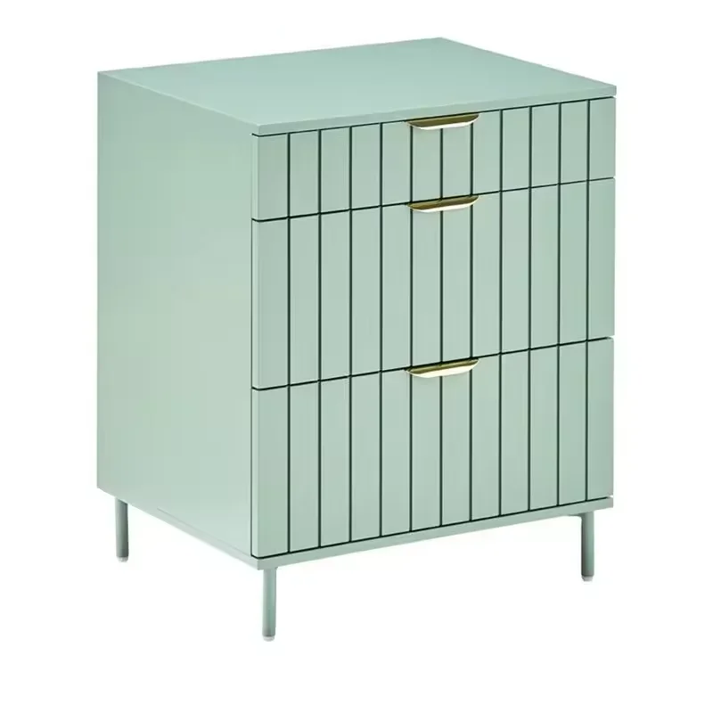 

Wholesale Fancy Green Three Drawers Line Grooved Wooden Night Table in Metal Leg for Home