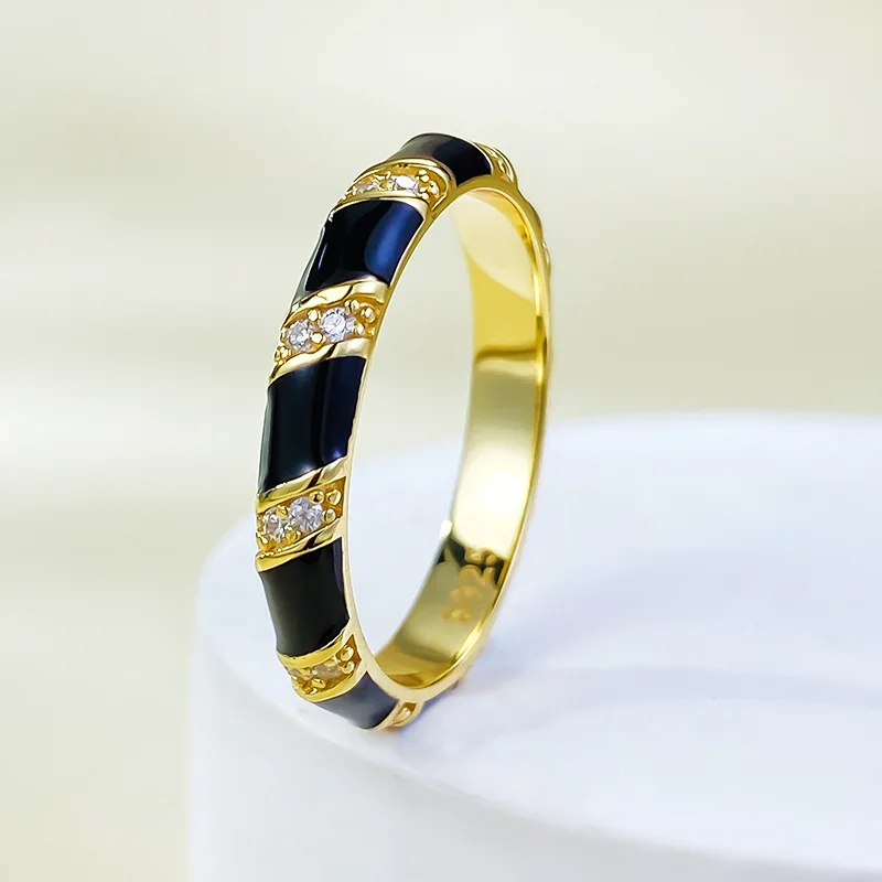 S925 Silver Ring High Grade Black and White Enamel Stripes Fashionable and Versatile Ring Boutique Jewelry for Women