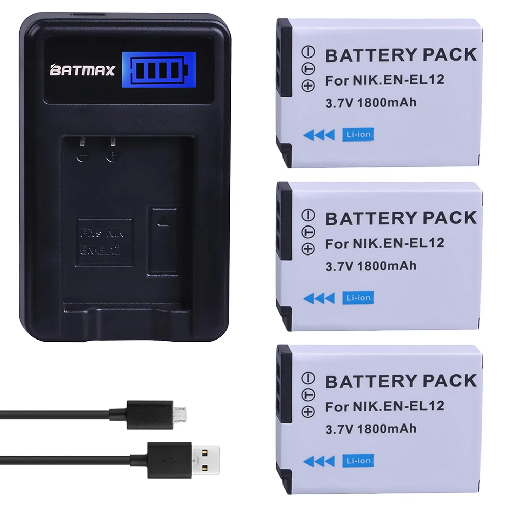 Batmax EN-EL12 Battery+LCDUSB Charger for Nikon Coolpix B600 W300 A900 AW100 AW110 AW120 AW130 S9700 S9500