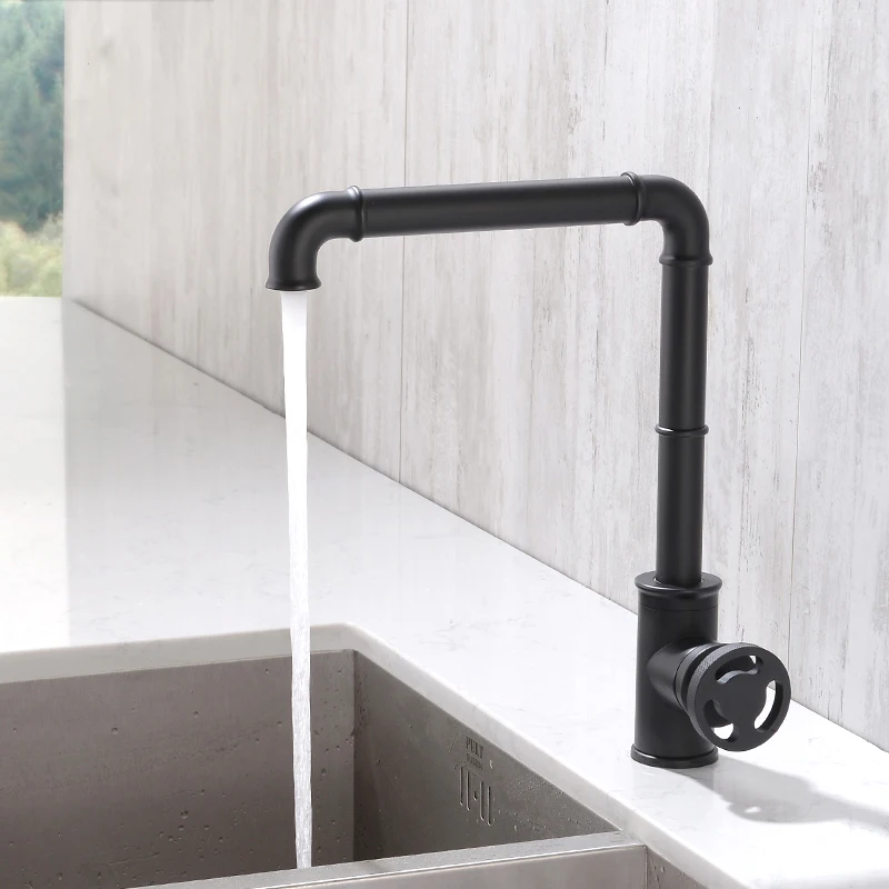 Kitchen Faucets Retro Industrial Style Matte Black  Brass Crane Bathroom Faucets Hot and Cold Water Mixer Tap Torneira WF-20B05