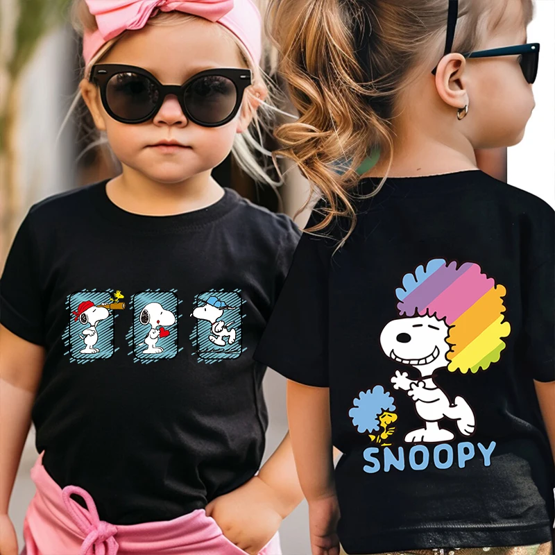 Camiseta con estampado de Snoopy para niños, ropa de manga corta de algodón puro con dibujos animados para niños, top negro para niñas