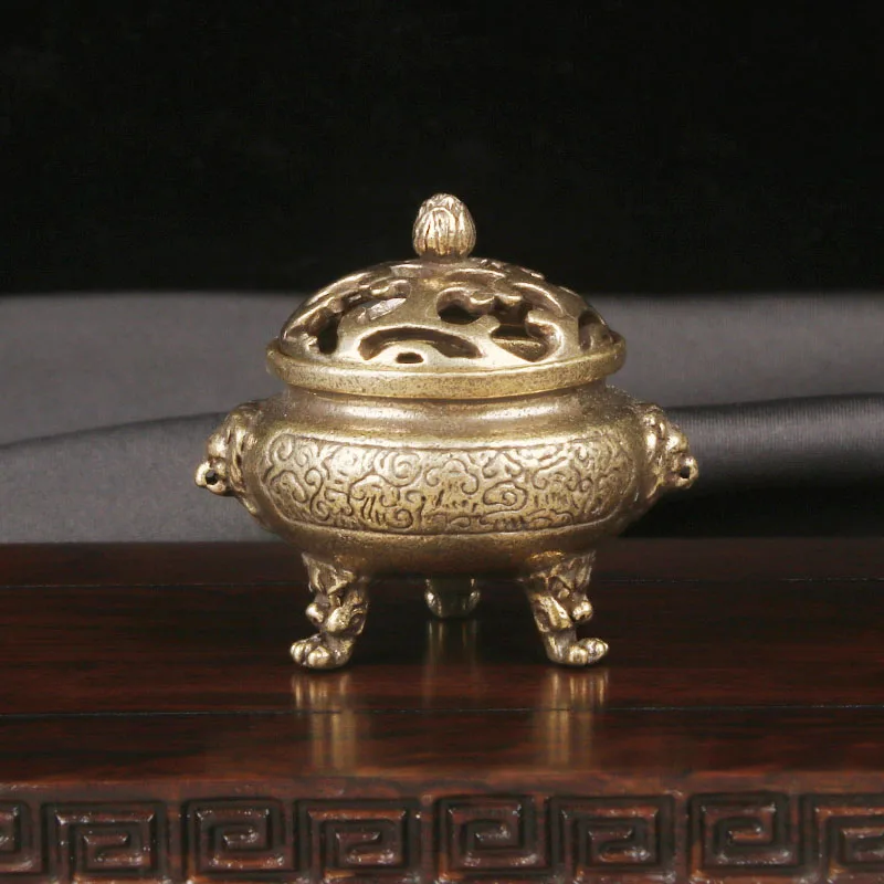 Retro Brass Auspicious Cloud Double Lion Stove Desktop Decoration Sandalwood Incense Burner Hollow Three Legged Tripod Antique