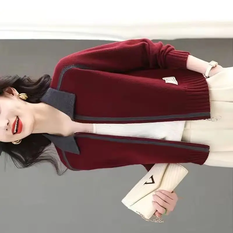 

Весенне-осенний новый мозаичный контрастный вязаный кардиган, свитер для женщин, короткая модная верхняя трикотажная куртка с двойной молнией и лацканами