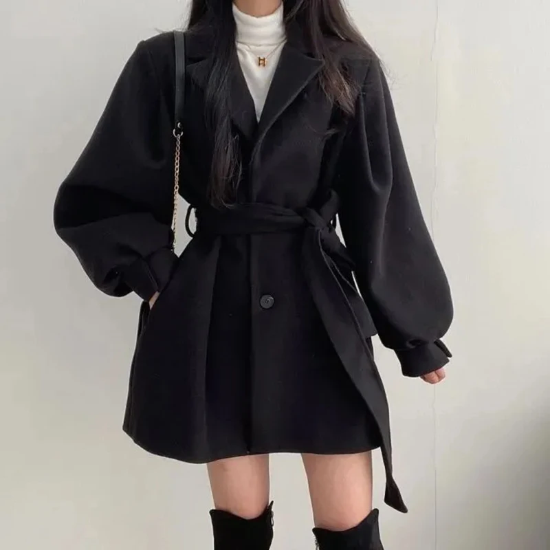 Women Chic Lace Up Trench Coat Korean Fashion Elegant Button Lantern Sleeve Midi Jacket Loose Woolen Coat Female Autumn Winter