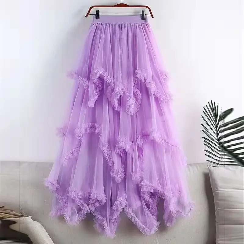 

A LineTutu Tulle Long Skirt for Women 2024 New Summer Korean Aesthetic Cute Irregular Mesh High Waist Maxi Skirts Female Purple