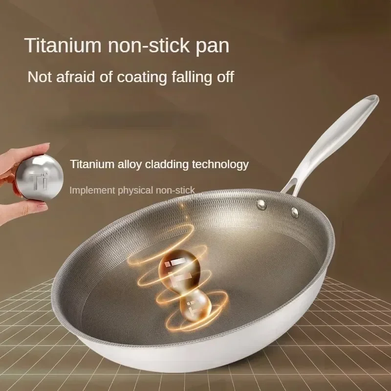 Titanium Wok Pan 316 Stainless Steel Frying Pan  Less Fume Cooking Pot Non Stick Gas Stove Applicable Pots and Pans Cookware