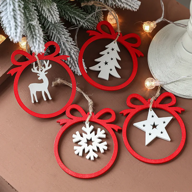 

4pcs Christmas Wooded Pendants Bow Snowflakes Star Elk Xmas Tree Hanging Decor New Year Home Ornaments Festival Party Supplies