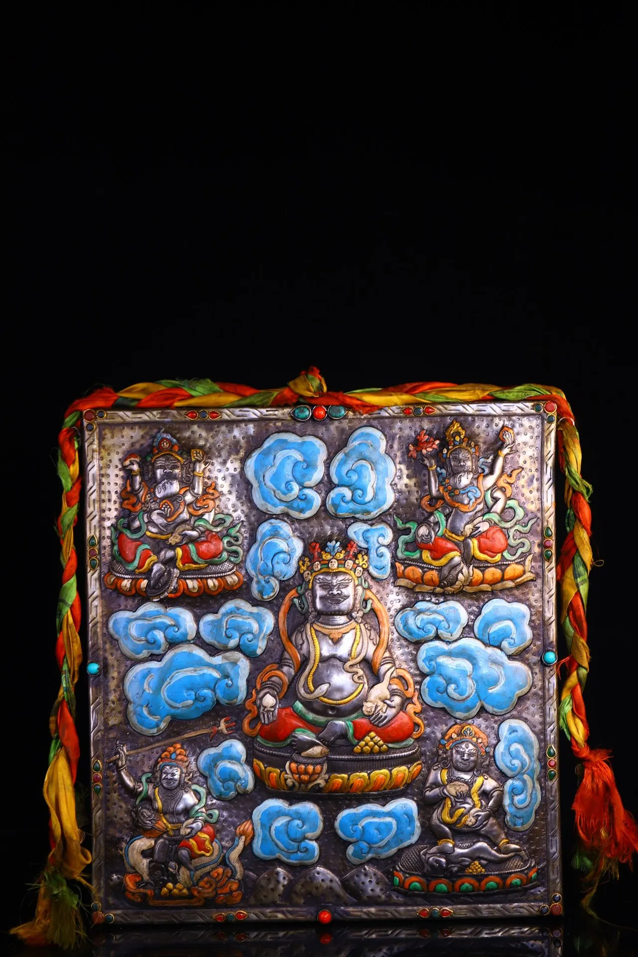 

17"Tibetan Temple Collection Old Tiantie Painted Cinnabar Mosaic Gem Yellow Jambhala Five God of Wealth Thangka Worship Hall