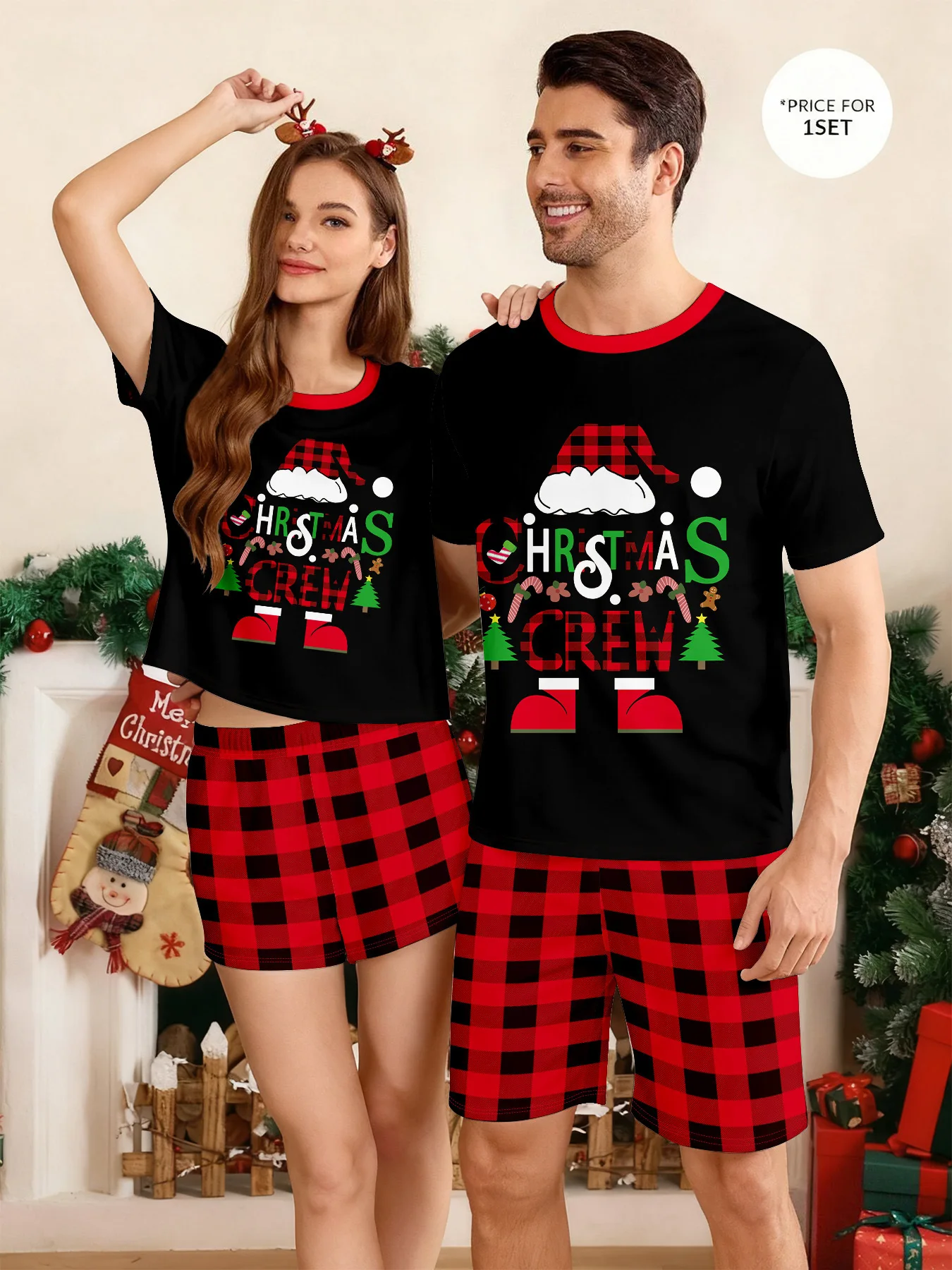 Christmas Family Pajamas Matching Set Christmas Tree Letter Print Short Sleeve Tops and Plaid Shorts Sleepwear