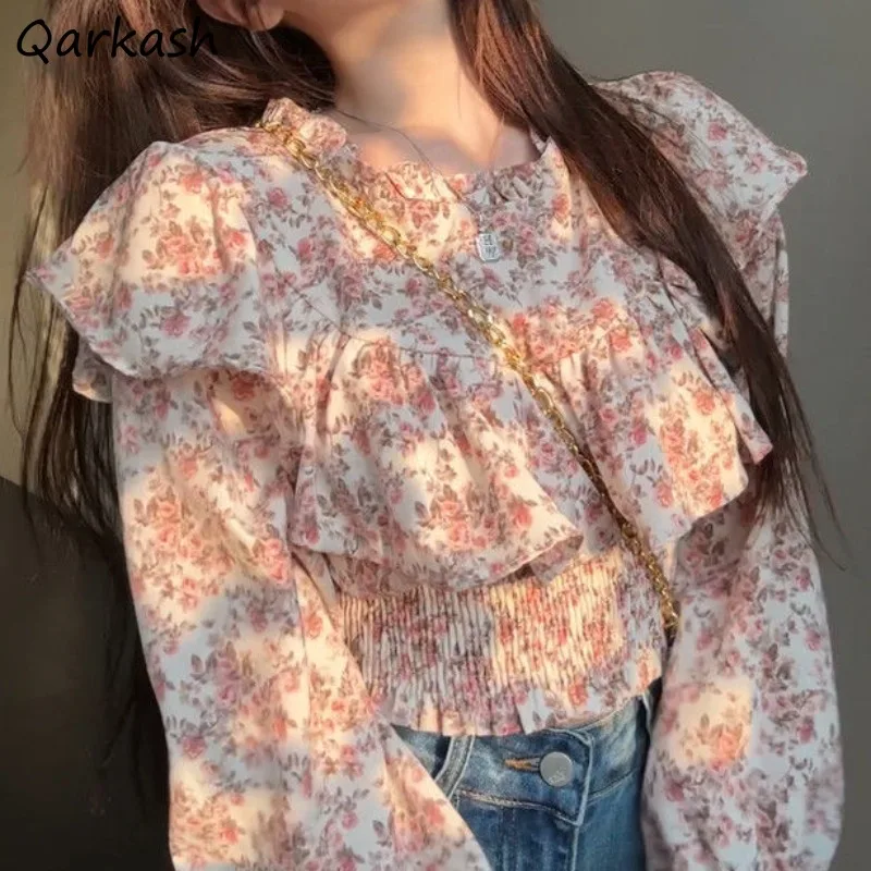 

Ruffled Blouses for Women All-match Young Lovely Girls Clothing Floral Printed Fashion Long Sleeve Spring Autumn Chic Korean