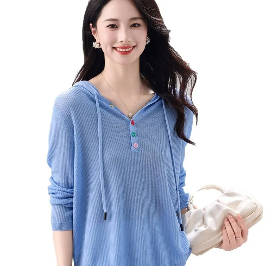 

Spring Summer New Hooded Knitted Cardigan Women's Long Sleeve Solid Color Drawstring Loose Base Shirt Top Half-Open Color Buckle