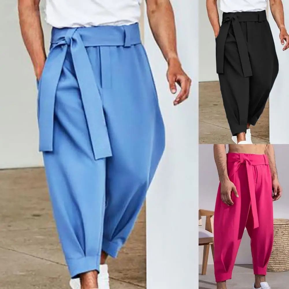 2024 New Men's Fashion Solid Color Pants Drawstring Casual Trouser Loose Wide Leg Pant Trousers M-3XL