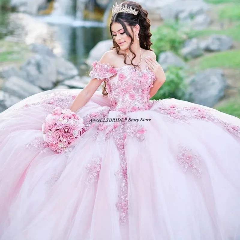 فستان Quinceanera الوردي من ANGELSBRIDEP ، حلو 16 Quinceanera ، زينة زهرة الأميرة ، حبات الدانتيل ، عيد ميلاد رسمي ، 15 عامًا