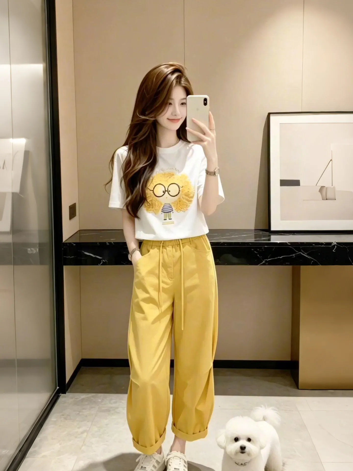 

Summer New Style Women's Casual Printed Short Sleeve Comfortable Loose Fit Two-Piece Set High Waist Pants round Neck T-Shirt