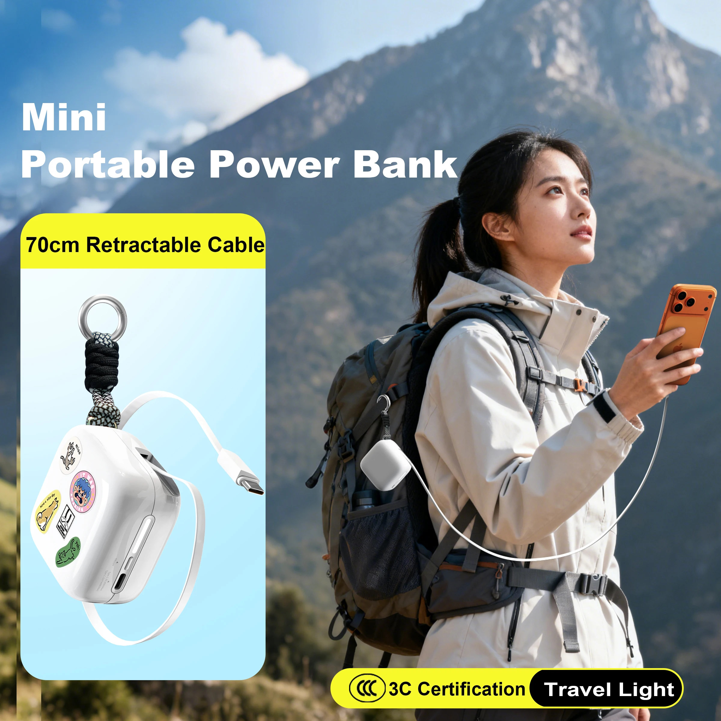 40 واط شحن سريع محمول 10000 مللي أمبير PowerBank نيتريد الغاليوم مع كابل 70 سنتيمتر قابل للسحب من النوع C آيفون 17 16 شاومي هواوي