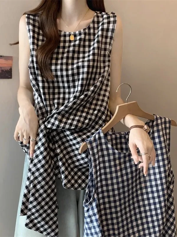 Azul a cuadros Svel irt mujeres de gran tamaño novedad de verano Sle cintura acanalada chaleco con cinturón Top coreano Sle ajuste suelto
