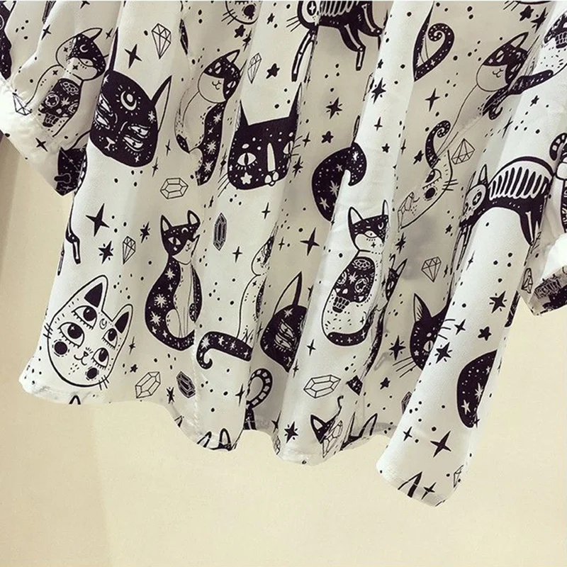 Cat Cartoon Print Chiffon Vintage O-Neck Short Sleeve Loose Women\'s Blouse Shirt Korean Fashion Female Clothing Tops 2024 Summer