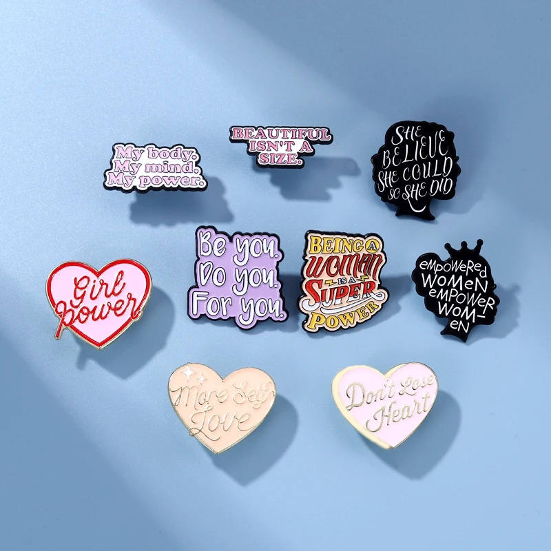 Women Girl Power Enamel Pin Brooch More Self Love Badge Quote Don\'t Love Heart Sweater Believe Gift Female Jewelry Accessories