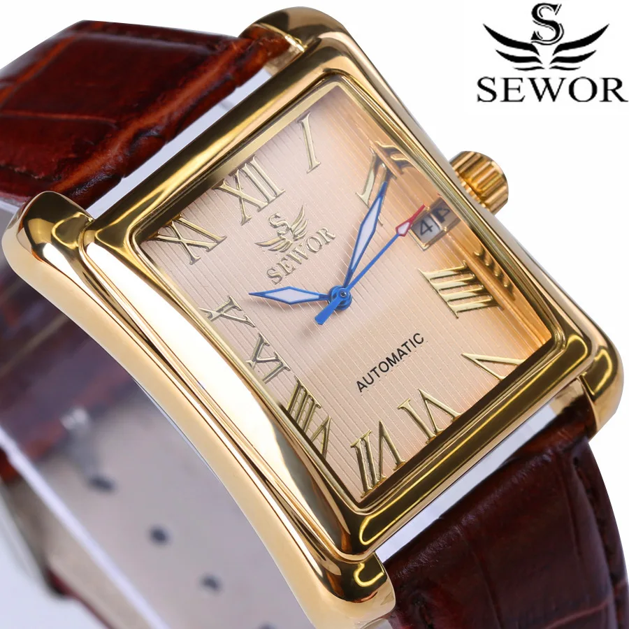 Luxury SEWOR Brand Men\'s Watches Rectangle Automatic Self Wind Mechanical Wrist Watch Brown Leather Strap