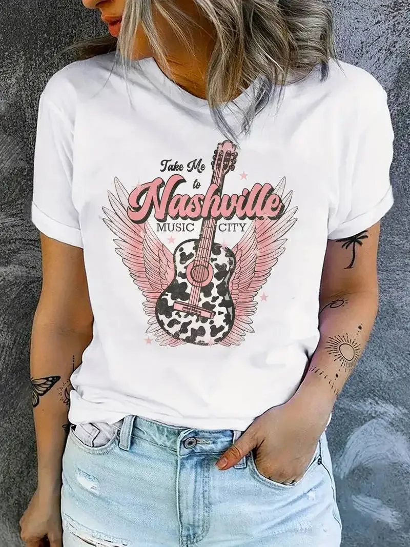 Short Sleeve T Shirt Summer Nashville Music City Guitar Pattern Printed Fashion Top Cute Short Sleeve Kawaii Sweet Harajuku Tees