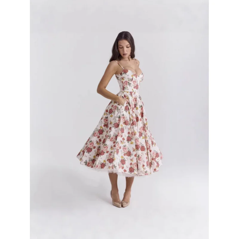 Elegant Satin Mesh Dress With Double-Layered Thin Straps And Sweetheart Neckline A Mid-Length Skirt