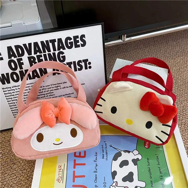 

Kawaii Sanrio Melody Anime Cosmetic Bag Cartoon Hello Kitty Plush Bow Tie Large Capacity Storage Bags Portable Handbag Girl Gift