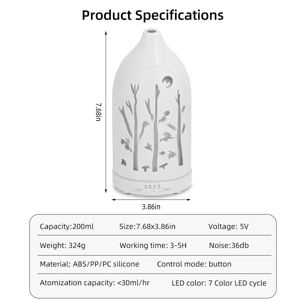 موزع روائح الزيوت العطرية LED بـ 7 ألوان مع تصميم مجوف وموزع عطري بالموجات فوق الصوتية مع إيقاف تلقائي، تشغيل فائق الهدوء