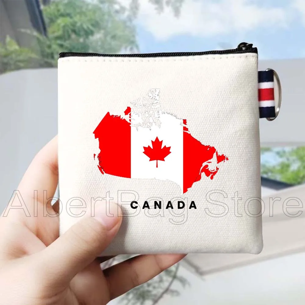 Amore foglia d'acero Giorno del Canada Mappa canadese Bandiera Regali Borsa portamonete in tela Borsa per carte di credito piccola chiave quadrata Custodia a portafoglio in cotone
