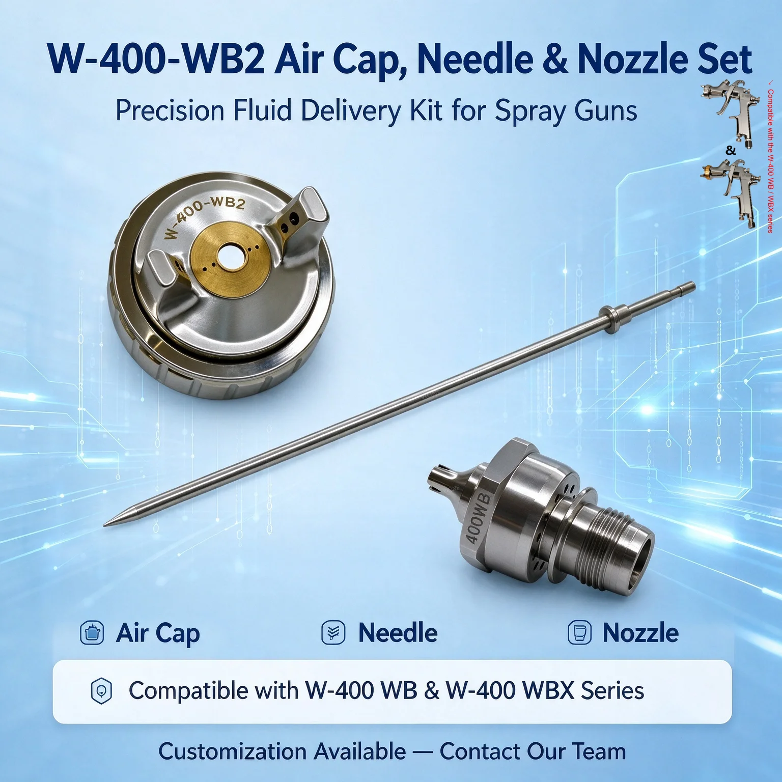 Compatible Replacement W-400-WB2 Air Cap, Needle & Nozzle Set Japan Compatible with the W-400 WB/WBX Series Industrial Spraying