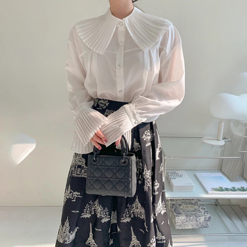 

Chic Chic Gored Gown with Lapel Single Button Bell Sve irt High Waist Printed / Midi Skirt Women's Faion Set
