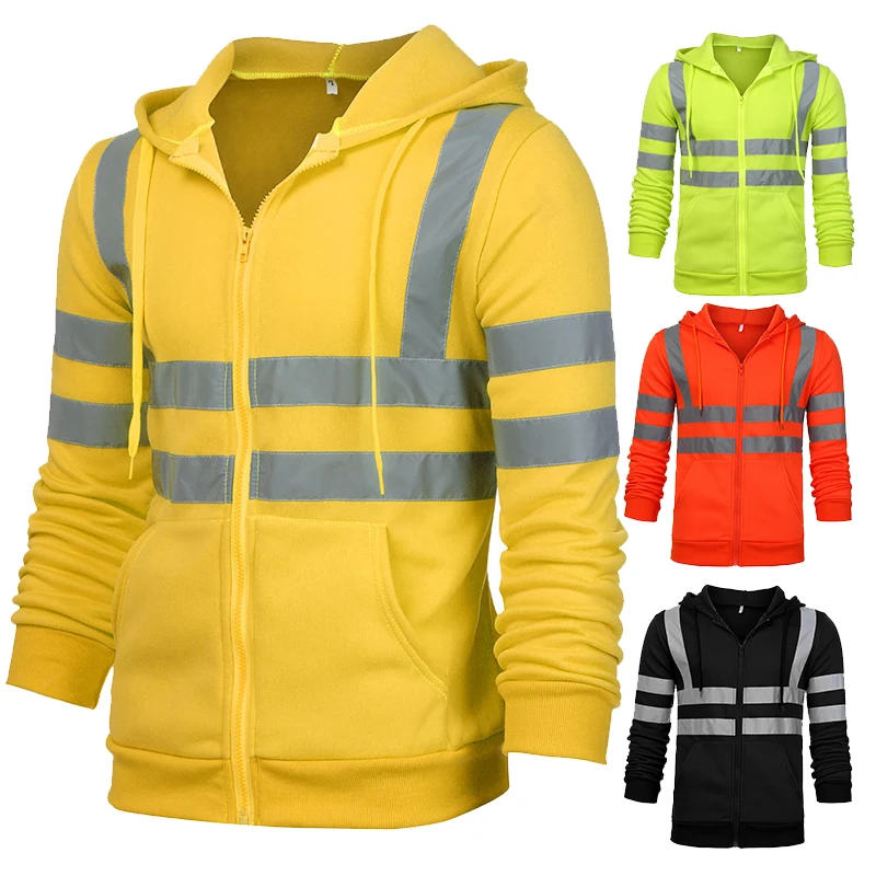 

Men Stripe Zip Hoodie Winter Ski Hoodies High Visibility Safety Wor Hoodie Reflective Workwear Jacket Work Wear Flece Men