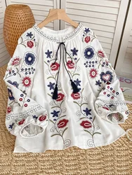 litmage Women Spring Autumn Blouse Ethnic Style Retro Literature Loose Embroidered Cotton Linen Pullover Shirt Casual Top A22