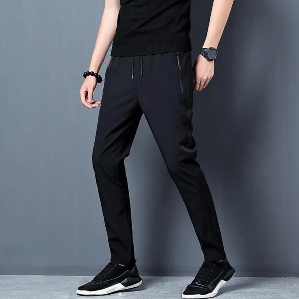 

Ice Silk Men Pants 2024 Summer Thin Business Casual Pants Drawstring Zippered Pockets Quick-drying Slim Fit Jogging Sweatpants