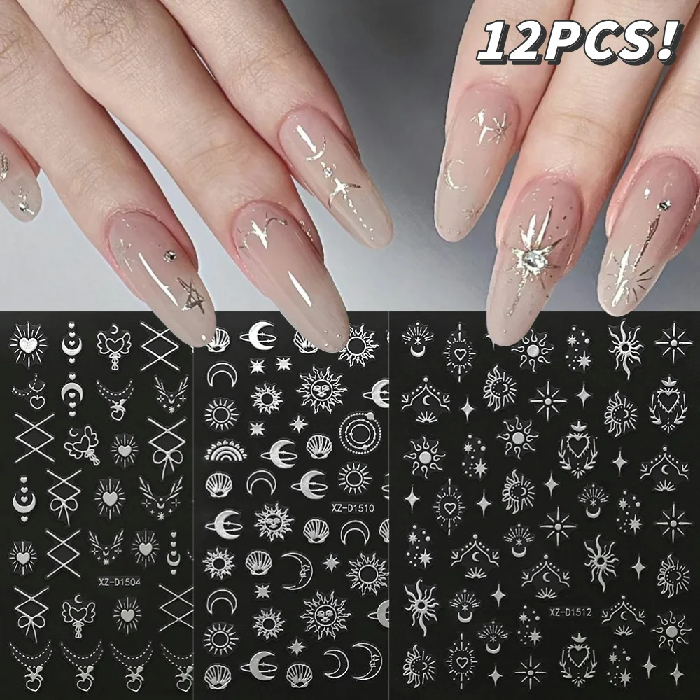 12Sheet/10*8cm 3D Bronzing Sliver Star/Moon/Sun Nails Stickers Y2K Vintage Stylish Adhesive Nail Art Decals Manicure Decorations