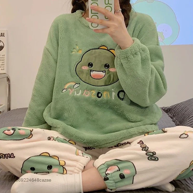 Sanrio Cinnamoroll New Home Clothes Y2k Fluffy Pajamas Tops Pants 2 Piece Set Women Plush Sleepwear Suit Female Matching Oufits