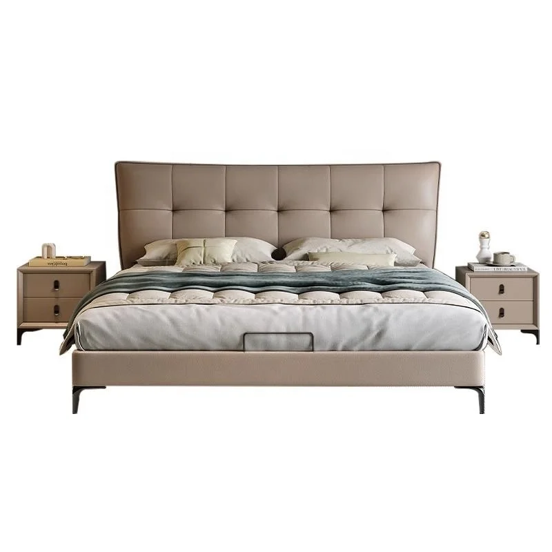 Simple 1.8m Double Bed King Bed Soft Pack Storage Solid Wood Bed Leather Upholstery for Master Bedroom