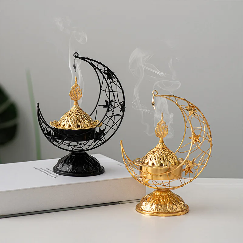 Y Middle East Handheld Crescent Metal Incense Burner Black Living Room Desktop Aromatherapy Holder Middle East Arabic Ornament