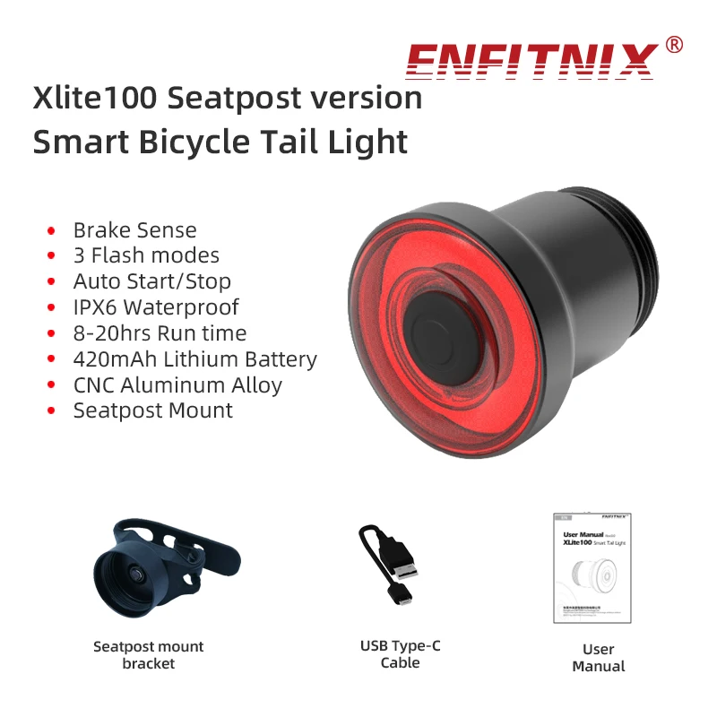 Enfitnix XLite100 Smart Tail Light Bicycle Brake Sensing Flashlight Cycling Auto Start/Stop Rear Light USB Charge IPX6 LED Light