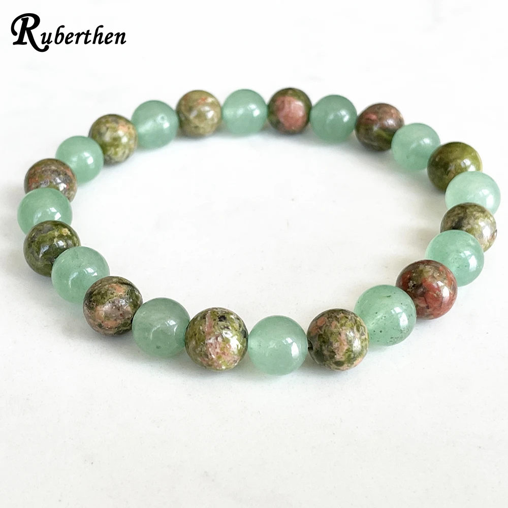 Ruberthen Fashion Womens Aries Zodiac Bracelet 8 MM Green Aventurine Unakite Jasper Chakra Wrist Mala Natural Gemstone Jewelry