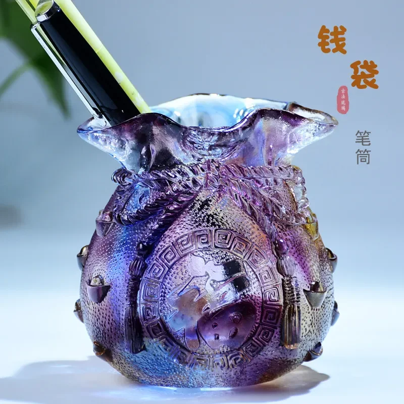 Glazed Ceramic Money Bag Pen Holder Lucky Fortune Desktop Ornament for Teacher Office Decor Practical Business Craft Gift