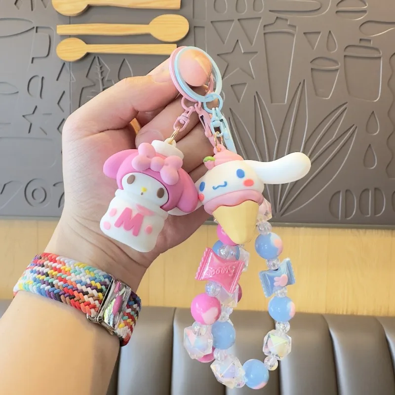 Sanrio Kawaii Hello Kitty Beaded Phone Chain Keychain Japanese Cartoon Kuromi Melody Cinnamoroll Bag Pendant Children's Day Gift view 2