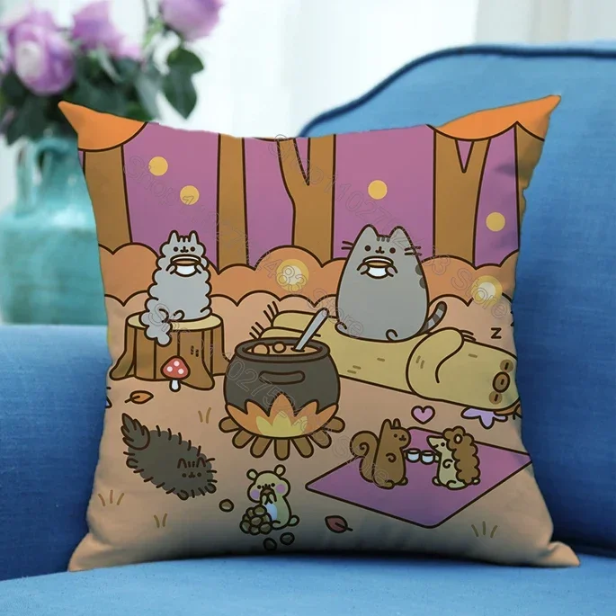 Pusheen Pillowcase Cute Cartoon Cat Print Pillowsli Bedroom Living Room Pillowsli Case Car Cushion 45X45cm Pillow Home Decor