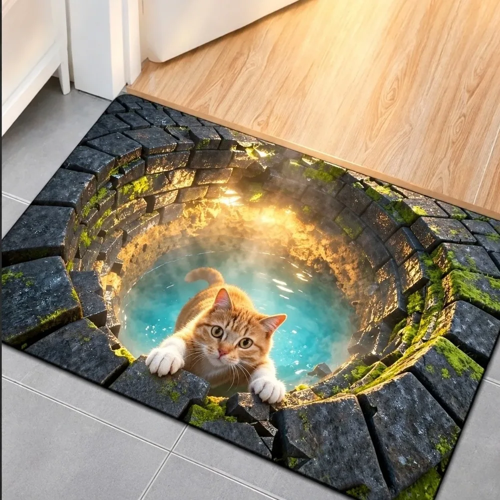 Lifelike Optical Illusion Doormat Cat Trap Pattern Non-slip Bathroom Carpet Abrasion-resistant Water-absorbing Bedroom Door Rug