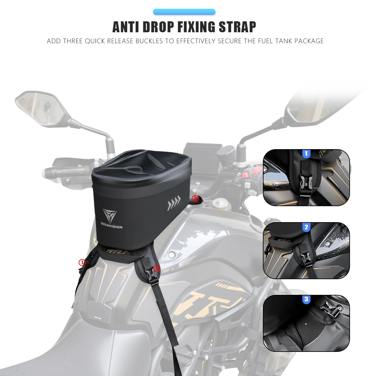 New Universal Motorcycle Tank Bag Gas Oil Fuel Tank Saddlebag Quick Release Strap Mount Bag with Reflective Strap