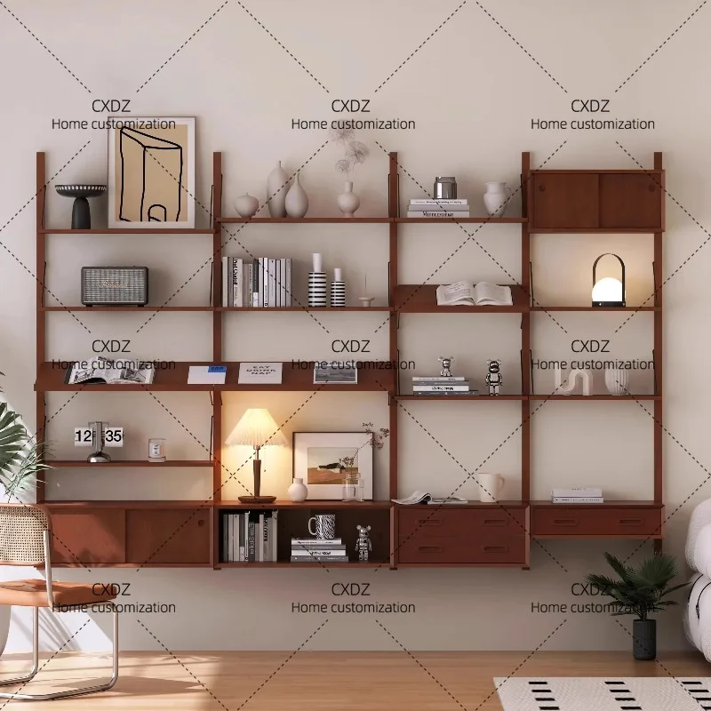 XXMedieval wall track bookshelf Small apartment adjustable shelf Wall hanging Free combination display stand Solid wood shelf