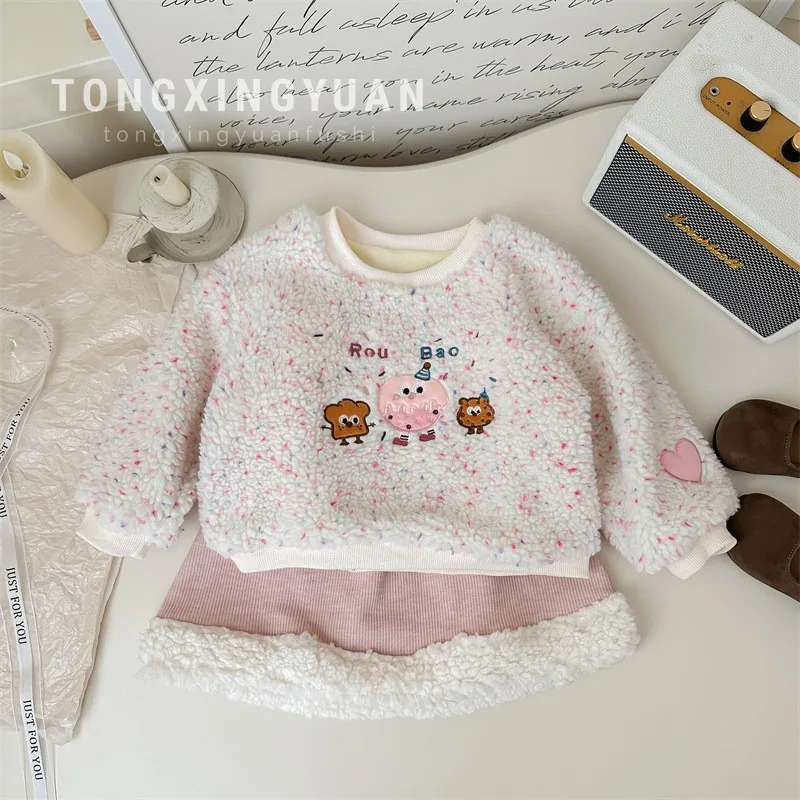 

Girls Cartoon Sweater2024Winter Korean Style Fashion Trendy Baby Girl Base Velvet Padded Thickened Sweater