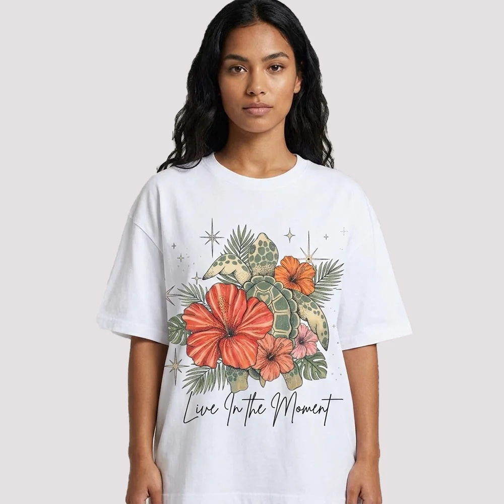 Sea Turtle T Shirt Women Live In The Moment Hibiscus Graphic Tees Bohemian Beach Summer Cottagecore Oversized White Tops