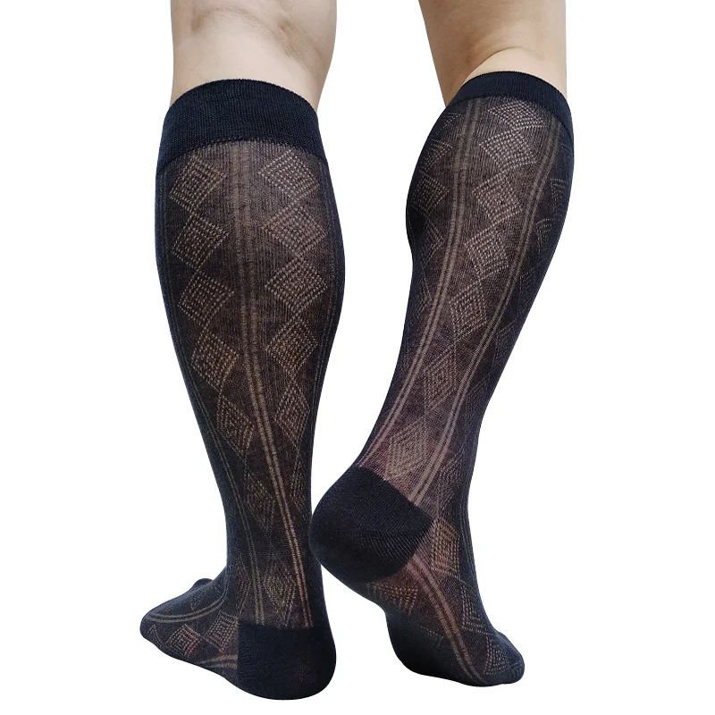 See Through Mens Long Tube Socks Formal Dress Suit Black Color Knee High Sexy Stocking for Business Wedding Hose