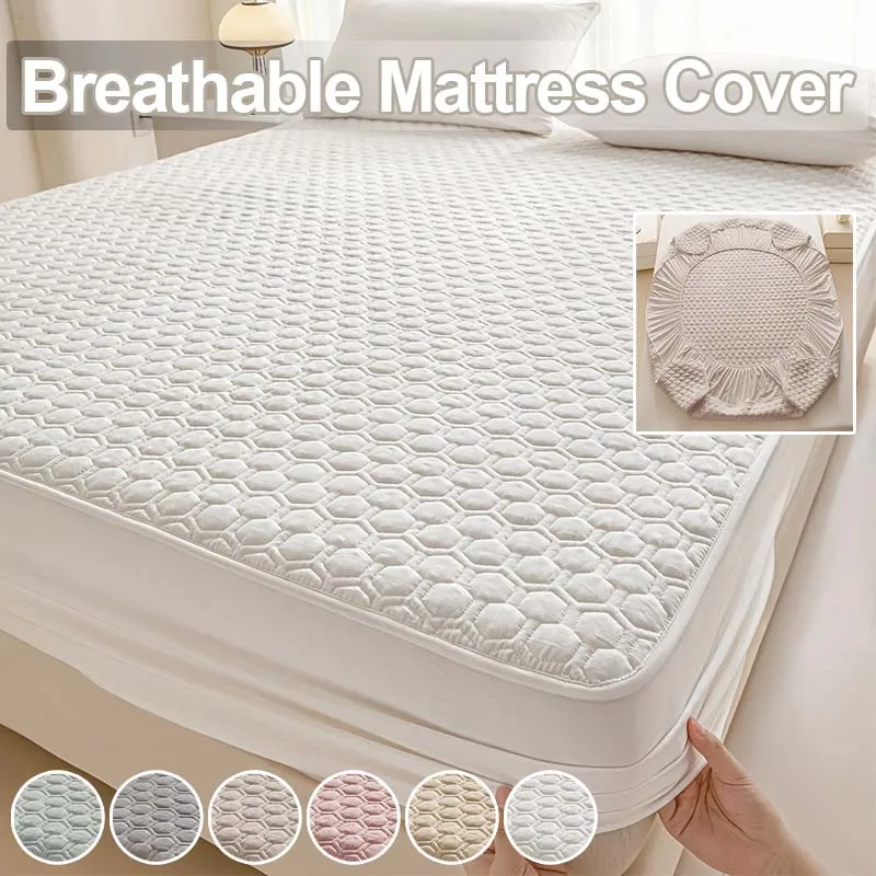 Breathable Quilted Fitted Sheet Thickened Mattress Pad Cover with Anti-Slip Bottom Bed Sheet Protector for Single/King Size Bed