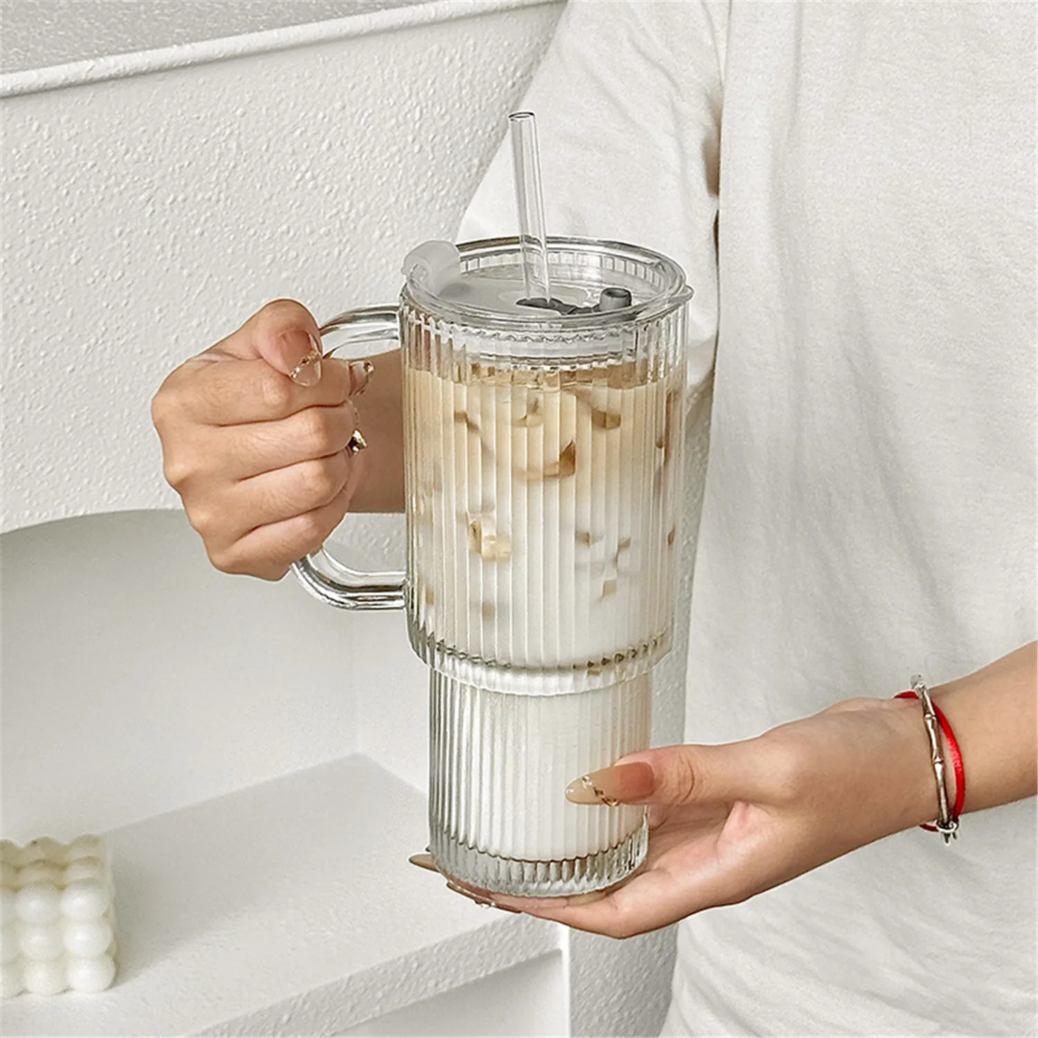 

768 мл полосатая стеклянная чашка, кофейные кружки с соломенной крышкой, посуда для напитков для завтрака, молока, чая, сока, пива, путешествия, бутылка для питьевой воды